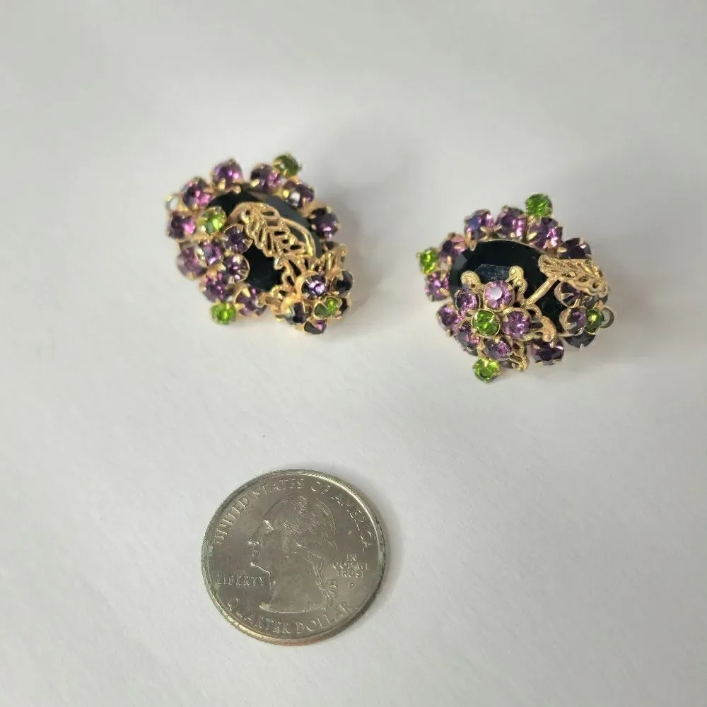 Vintage Gold Peridot Amethyst floral fillagree clip on earrings